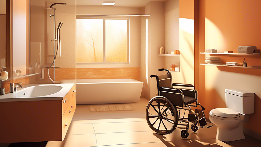 A modern and spacious bathroom with grab bars, a roll-in shower, and a wheelchair-accessible sink, bathed in warm, inviting light.