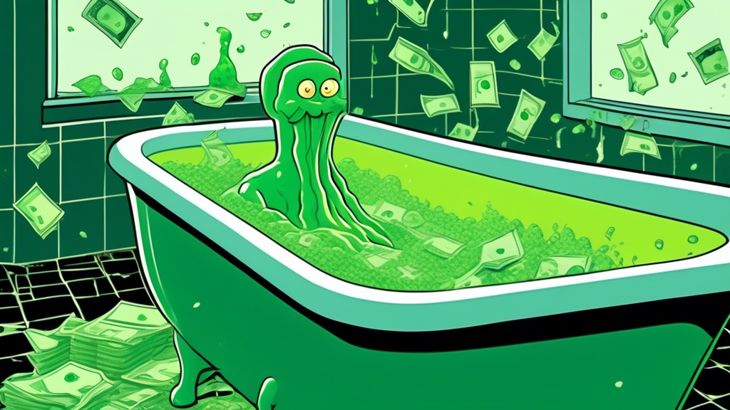 A bathtub overflowing with green slime and dollar bills, with a cracked mirror and crooked tiles in the background.