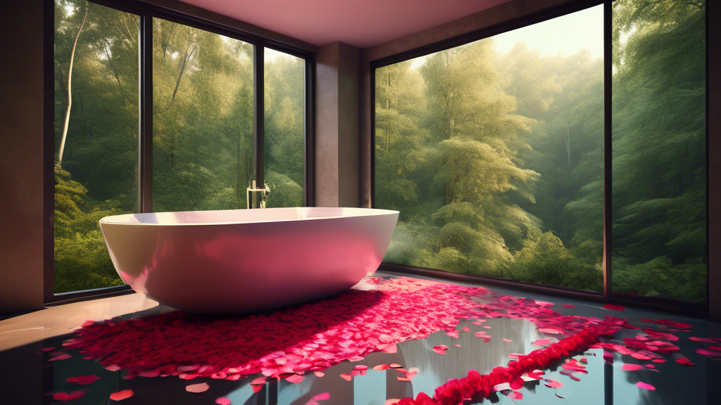 A modern bathroom with a large window overlooking a lush forest, bathtub filled with water and rose petals.