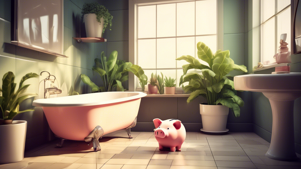 A stylish bathroom with a bathtub, plants, and natural light, with a piggy bank wearing a construction hat sitting on the edge of the bathtub.