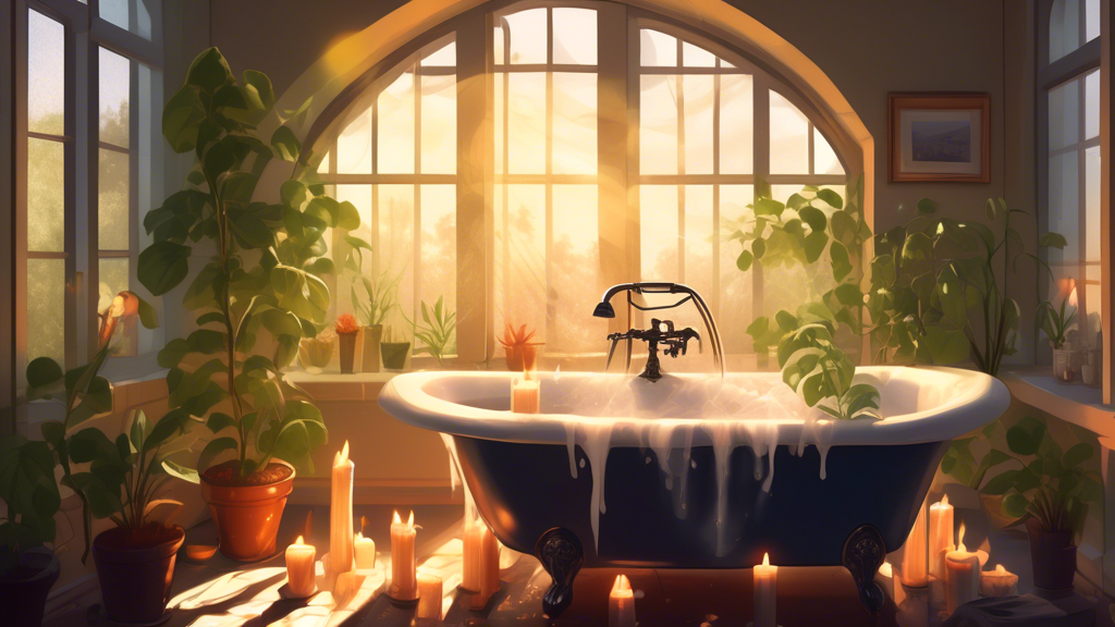 A steaming bubble bath in a clawfoot bathtub surrounded by candles and plants, with sunlight streaming through a window.