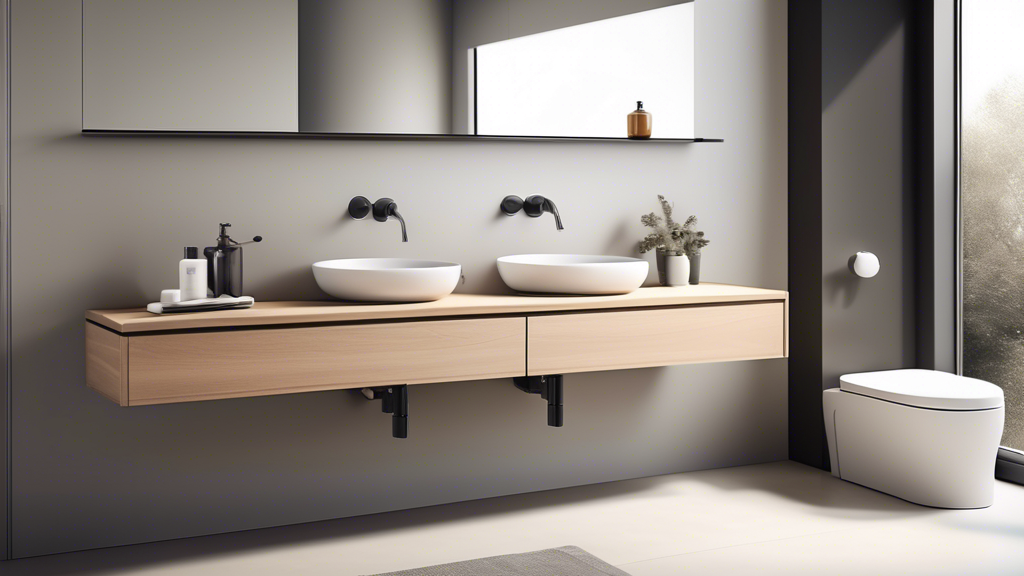 A sleek and minimalist bathroom countertop with innovative storage solutions, featuring natural light and modern design elements.