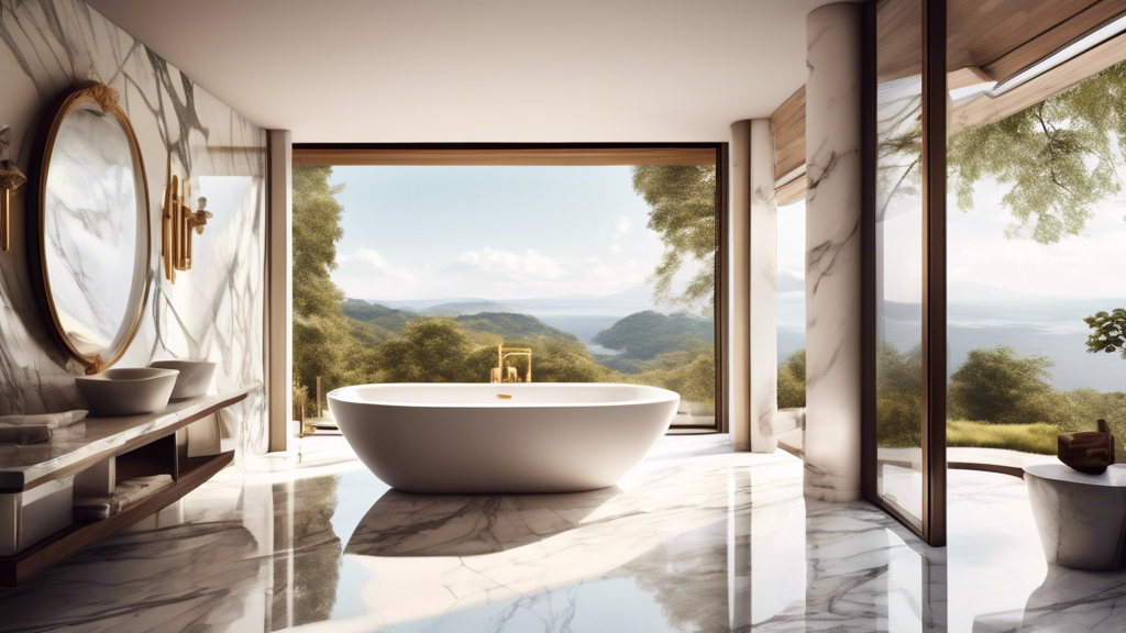 A luxurious bathroom with marble floors, a freestanding bathtub, and a large window with a view, in the style of architectural digest.