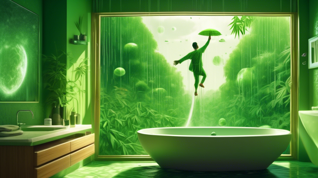 A lush green bathroom with bamboo accents, a person showering in low-flow water saving money raining down, and a view of a thriving planet Earth through the window.