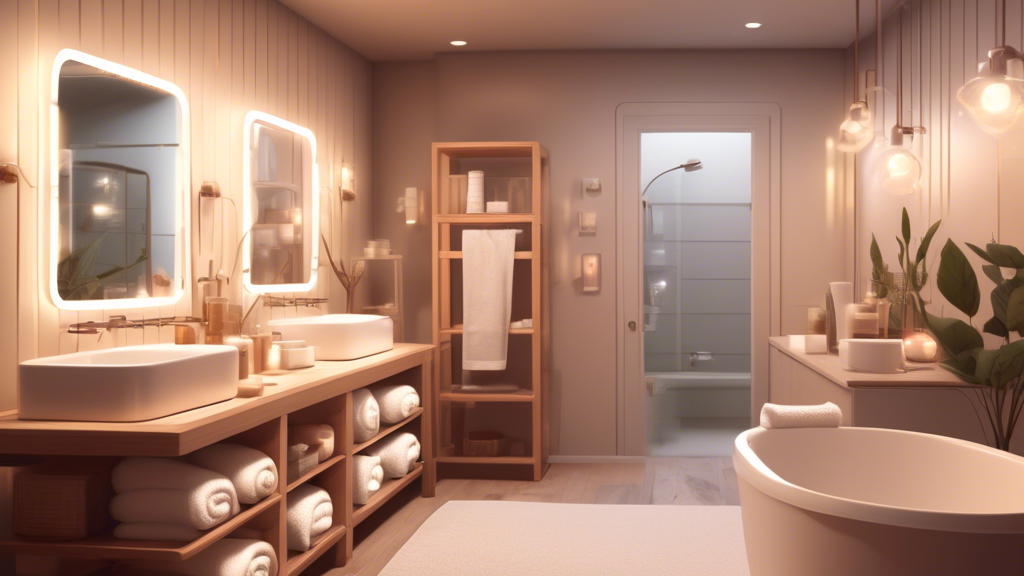 A neatly organized and aesthetically pleasing bathroom with labeled containers, fluffy towels, and soft lighting.