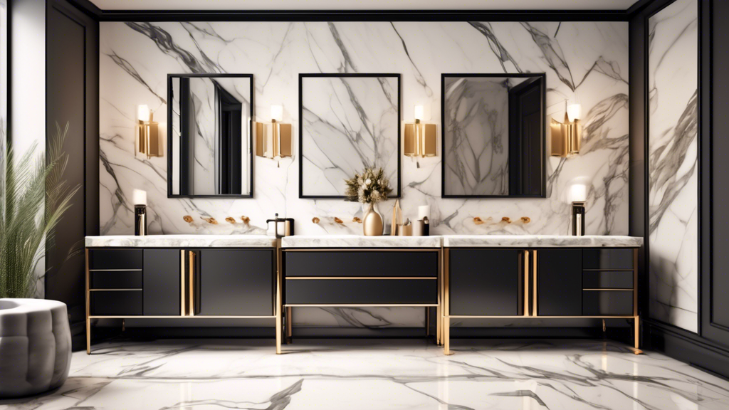 A luxurious bathroom vanity with a marble countertop, double sinks, and a large mirror in a modern and elegant bathroom.