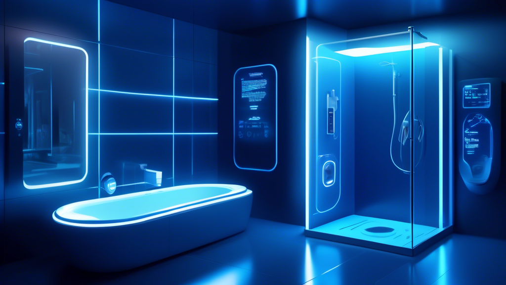 A futuristic bathroom with voice-controlled shower, smart mirror displaying health data, and a self-cleaning toilet, bathed in blue light.