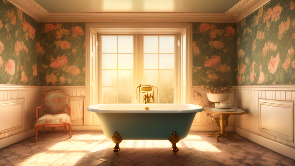 A clawfoot bathtub in a vintage bathroom with floral wallpaper, antique brass fixtures, and a window with sunlight streaming through.