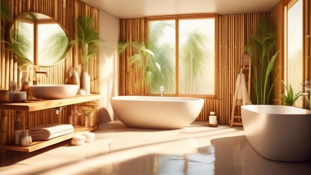 A modern bathroom with sustainable bamboo accents, soft towels, natural light streaming in, and a person relaxing in a warm bath with bath salts.